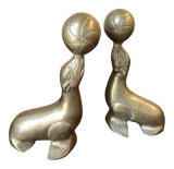 Vintage Solid Brass Seals and Balls Bookends, a Pair