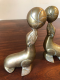 Vintage Solid Brass Seals and Balls Bookends, a Pair