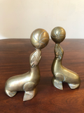 Vintage Solid Brass Seals and Balls Bookends, a Pair