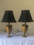 Yellow Tole Lamps With Black Shades- a Pair